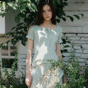 [리올그] 여성 프라 리본 스퀘어넥 플라워 퍼프 미니 원피스 라이트그린