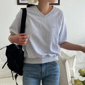 캐주얼 루즈핏 브이넥 래글런 패치 여성 맨투맨 박스티 여자 가을 레이어드 티셔츠 코튼 반팔 긴팔