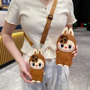 라부부 라보브 실리콘 범퍼 크로스 목걸이줄 입체 키즈폰 케이스 세트 브라운, 갤럭시 A73