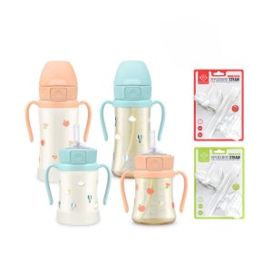 (세트) 그로미미 PPSU 스테인리스 원터치 빨대컵 유아물병 피치플라워 스카이벌룬 빨대리필