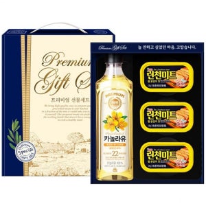 풍미 가득 선물세트 기쁨1-1호 카놀라유500ml 런천미트120g3캔 구성
