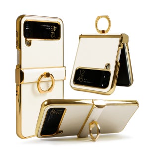 제루크 천연소가죽 힌지보호 풀커버 거치 링 케이스 아이보리 (골드라인), 갤럭시Z 플립4