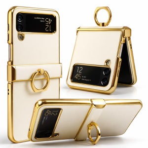 제루크 천연소가죽 힌지보호 풀커버 거치 링 케이스 아이보리 (골드라인), 갤럭시Z 플립4