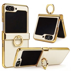 제루크 천연소가죽 힌지보호 풀커버 거치 링 케이스 아이보리 (골드라인), 갤럭시Z 플립5