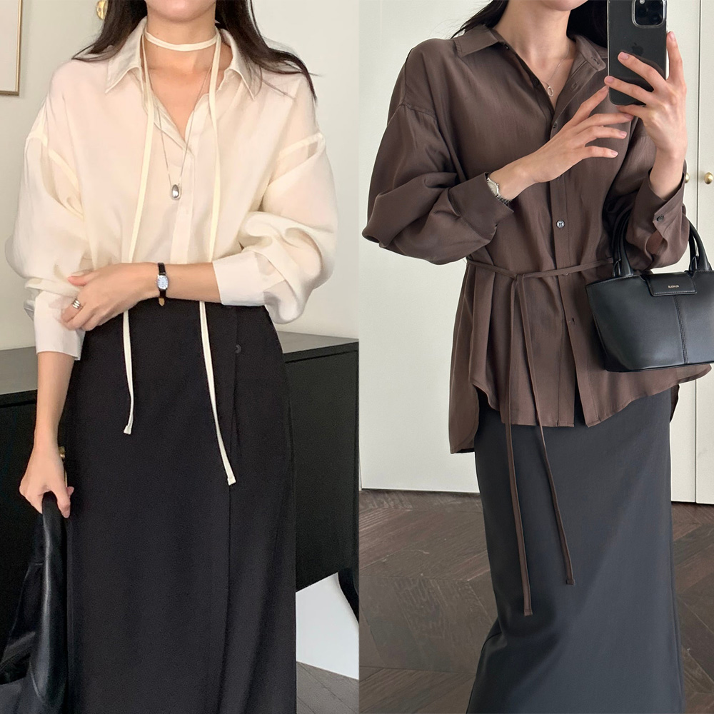 여성 루즈핏 카라넥 우아 텐셀 허리끈 블라우스 (아이보리 베이지 브라운)