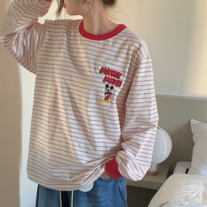 Disney 미키 자수 타로티 디즈니 단가라 배색 미키마우스 자수티 레드 블랙
