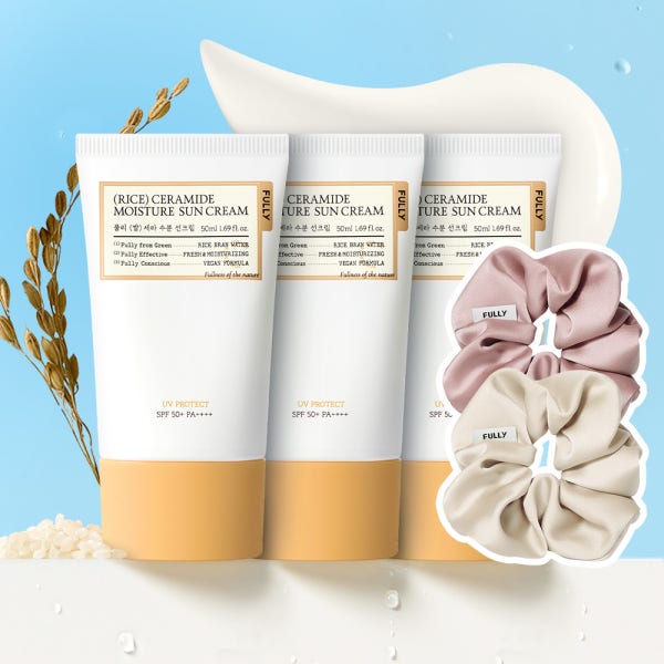 [3개세트/단독사은] 풀리 쌀 세라 수분 선크림 50ml+50ml+50ml+헤어스크런치(랜덤)