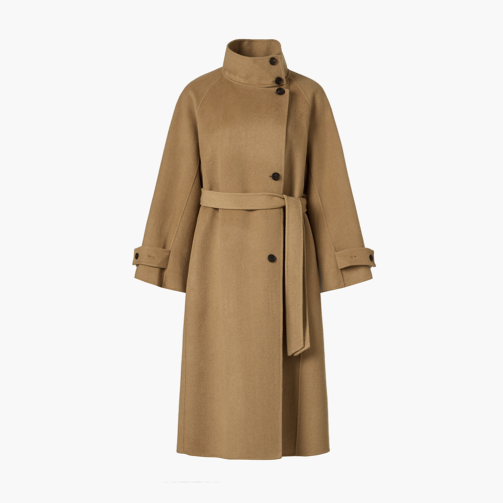 High neck button pointed wool blended coat - camel