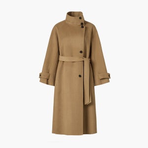 High neck button pointed wool blended coat - camel