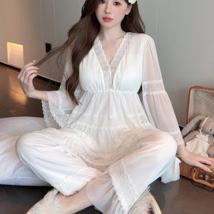 P0022 솔리드 레이스 스위트 박시 공주풍 망사 파자마 세트 실내복