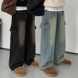 와이드 벌룬핏 밴딩 워싱 카고 청바지 (2color)