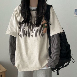 단가라 긴팔 면티 오버핏 빈티지 레이어드 후드티 티셔츠 봄 가을