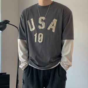 오버핏 USA 와플 배색 레이어드 긴팔티