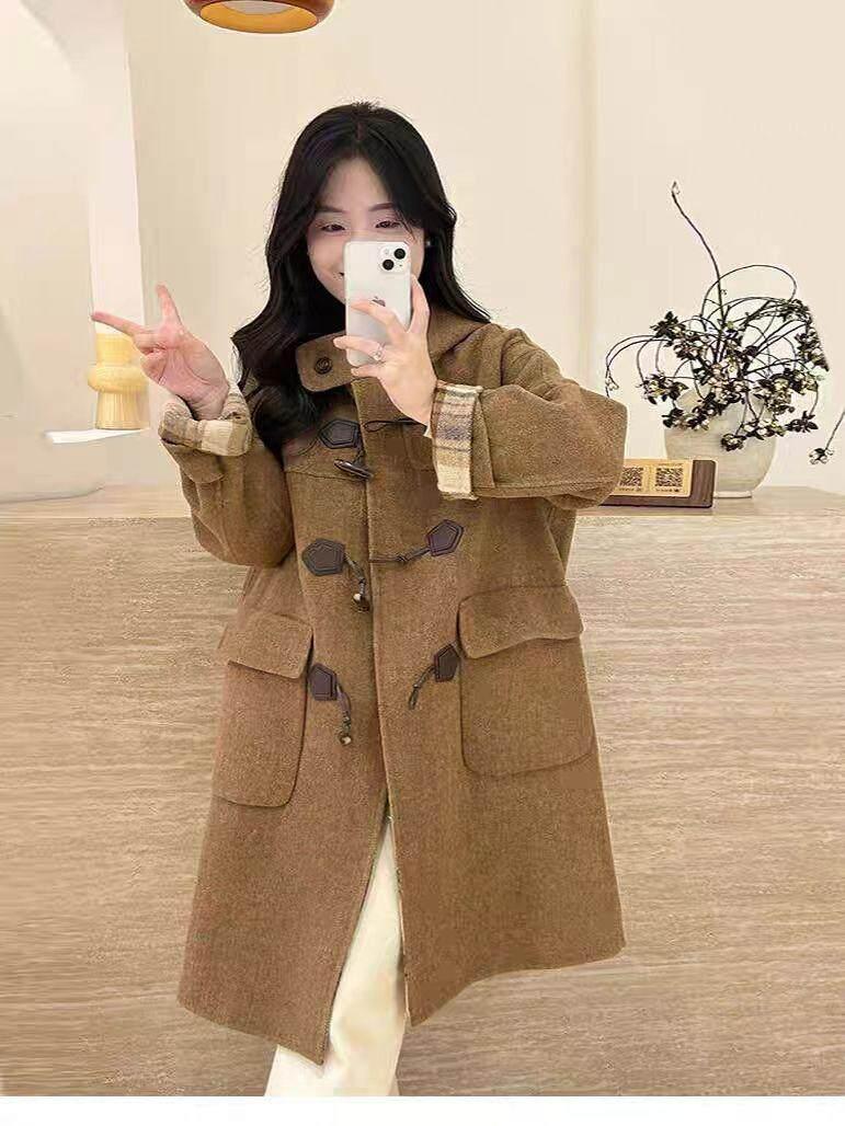 오네어 캐시미어 여성 갈색 빅사이즈 뿔단추 떡볶이 패션 캐주얼 후드 코트