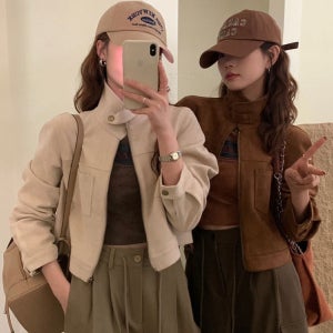 여성 간절기 스웨이드 하이넥 집업 숏자켓 데일리룩