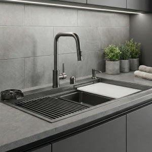 프로맘 매트 그레이 멀티 싱크볼 SMG980 실크스톤 엠보 나노 코팅 사각 씽크볼 교체