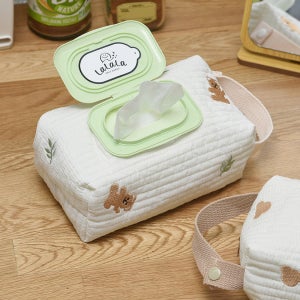 곰돌이 자수 누빔 아기 물티슈 케이스 커버 파우치 차량용 유모차 손잡이 걸이 휴대용 캠핑