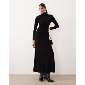 Mango 망고 하이넥 롱슬리브 맥시 드레스 하드웨어 디테일이 있는 검은색 7291676