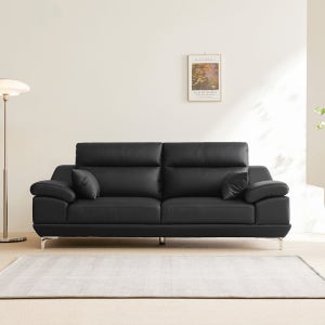 동서가구 뉴테라 천연면피가죽 소파 스툴미포함, 블랙, 3인용