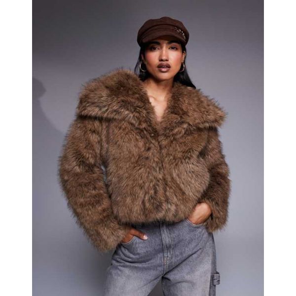 River Island 리버 아일랜드 크롭 인조 모피 재킷 (갈색) 6911265