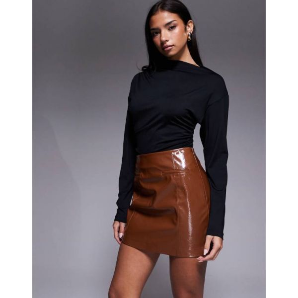 River Island 리버 아일랜드 비닐 포켓 미니 스커트 (갈색) 6880453