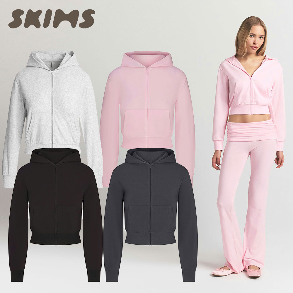 스킴스 SKIMS 크롭 후드 집업 코튼 저지 후디 트레이닝 상의 그레이 블랙 핑크