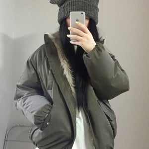 [시몬오브] 퍼 하이넥 숏 야상 패딩 점퍼 - 카키