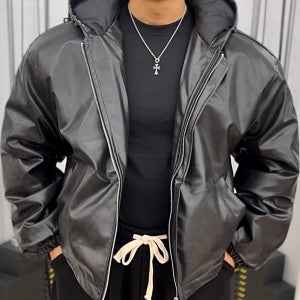 크롭 레더 머슬핏 후드 점퍼 남자 자켓 패딩