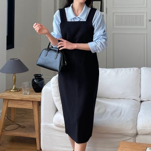 뷔스티에 원피스 스퀘어넥 롱 민소매 레이어드 가을 하객 원피스 여자 결혼식 하객룩