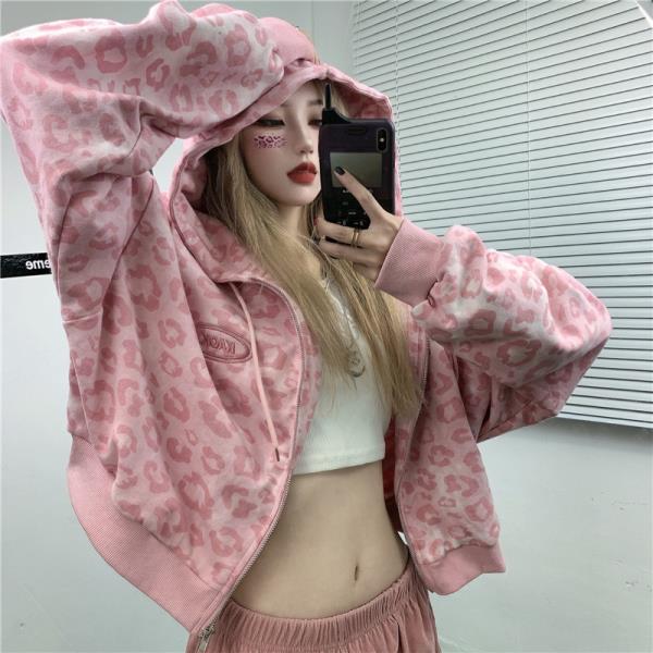 쏵판다 우아한 핑크 레오파드 프린트 짧은 오픈 가디건 자켓 여성 패션 BF 봄 루즈 홍 스타일 후드티 트렌디
