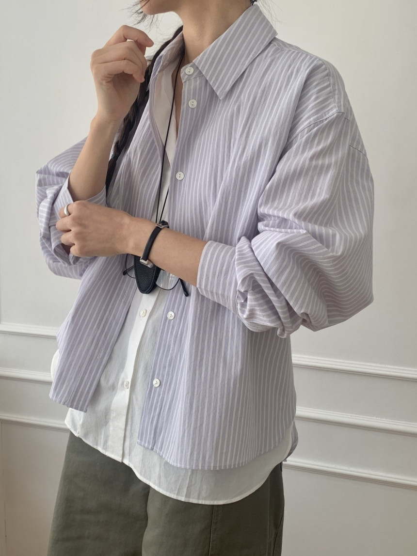 스트라이프이중셔츠 여성 스트라이프 남방 면 이중남방 스트랩 박시핏 코튼셔츠 그레이 소라