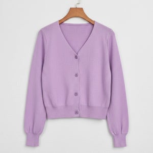 비비드 퍼플 브이넥 세미크롭 가디건