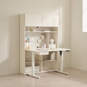 에몬스 아이누리 1200폭 5단 전면책장 모션 데스크 화이트 책상책장세트(멀티선반포함) h형책상 배치가능