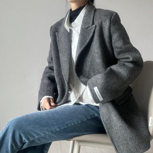 헤링본울코트 테일러드카라 오버핏 핸드메이드 더블자켓 하객룩재킷