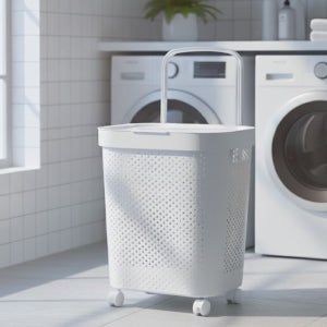뚜껑 있는 바퀴달린 빨래 통 이동식 바퀴형 대용량 메쉬 세탁 바구니 화이트, 45L