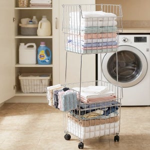 퀸넥스 국산 와이드 고급형 2단 올스텐 304 이동식 분리형 빨래바구니 세탁 세제 바구니