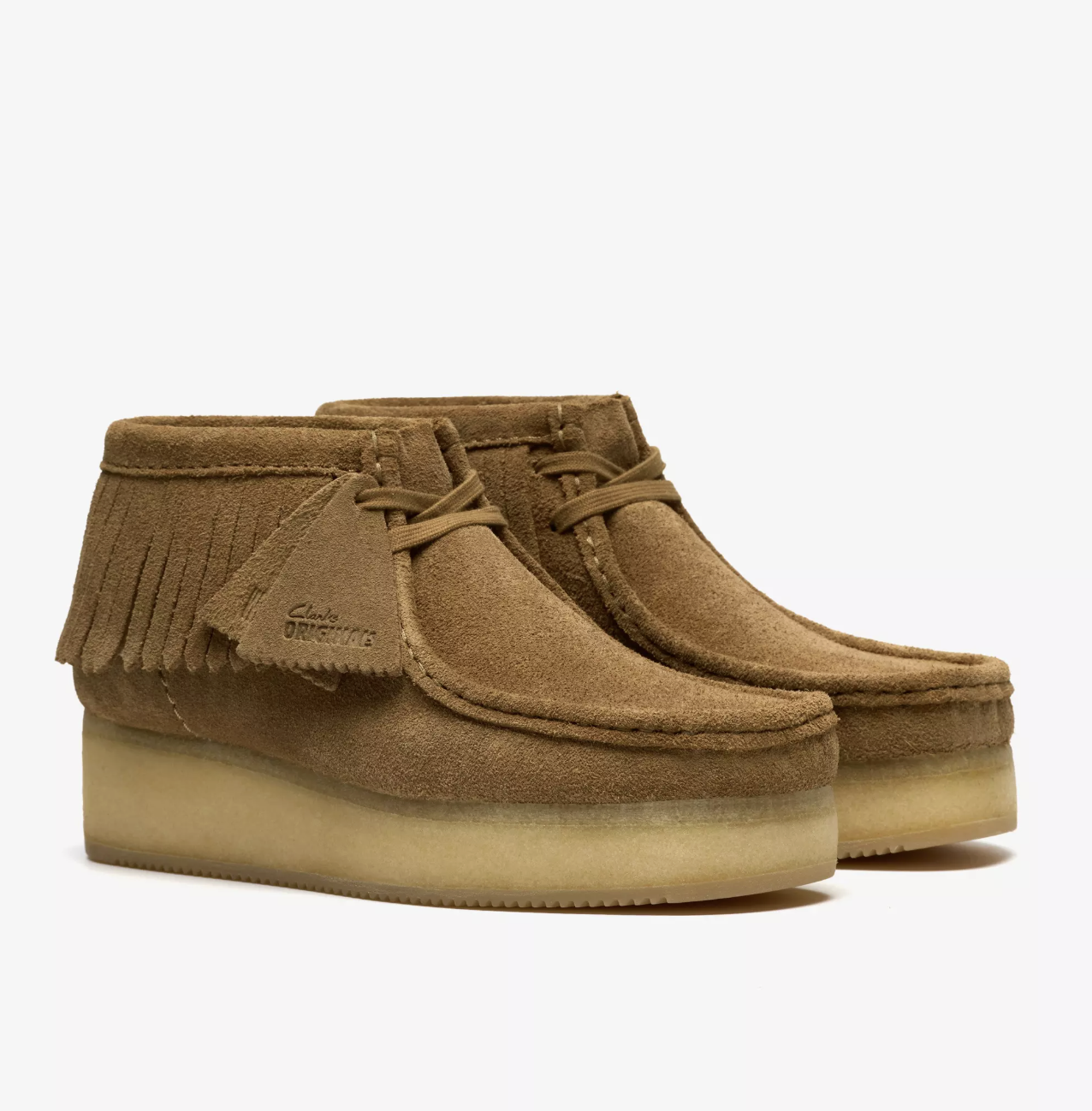 클락스 왈라비 웨지 프린지 스웨이드 부츠 여성용 탠 Wallabee 26182855