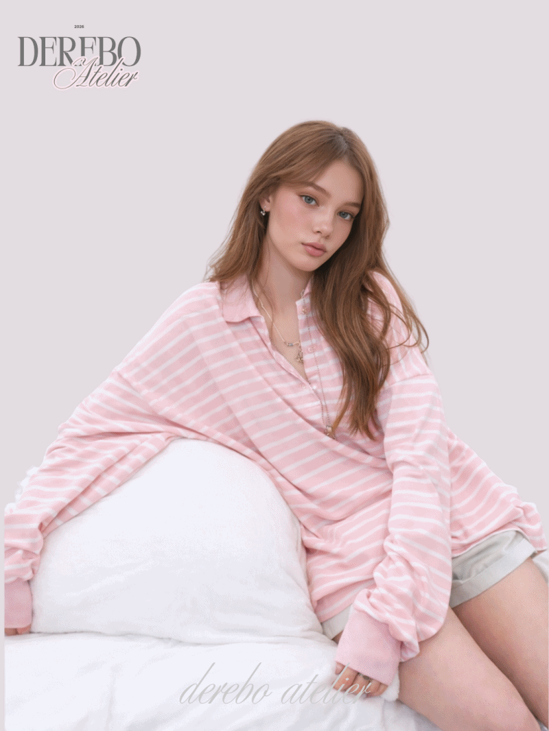 Pink Stripe Loose Collar Tee 핑크 스트라이프 루즈 카라 티