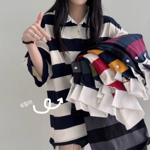 Y2K 유니섹스뉴진 럭비 카라 단가라 반팔티셔츠 여름 커플룩