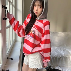 디즈니 미키마우스 배색 단가라 후드티 봄 간절기 가을 겨울 티셔츠 여성 맨투맨