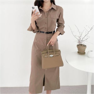 셔츠형 롱 원피스 여성 클래식 벨트 포함 오피스룩