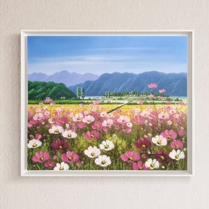 [진품] 장수영 작가 고급 유화 액자 코스모스 풍경화 복들어오는 그림 65.6x50.5cm