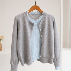 레티너 이중 배색 레이어드 라운드 니트 가디건