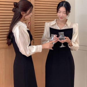 슬림라인 퍼프 소매 원피스 유니크한 하객룩 오피스룩 미니 롱 3color (S~XL)