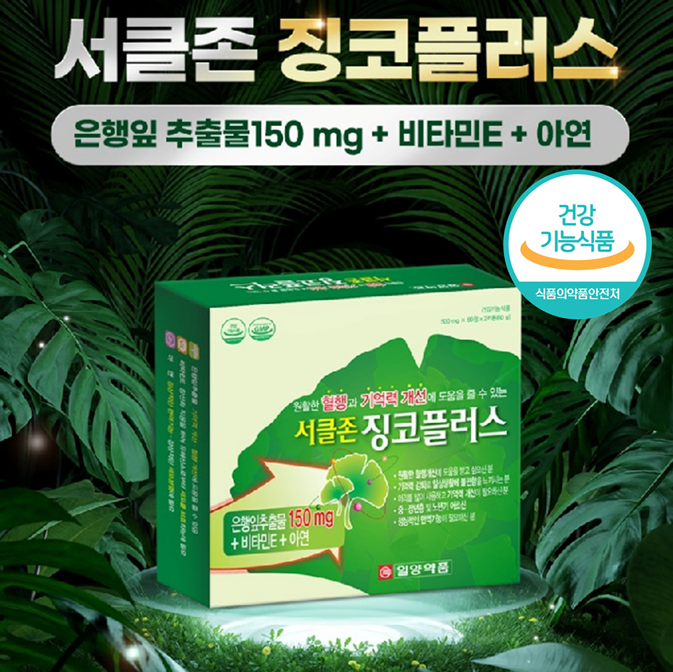 먹는 혈액순환 기억력 일양약품 고함량 징코 플러스 비타민E 아연 함유 120정, 1개