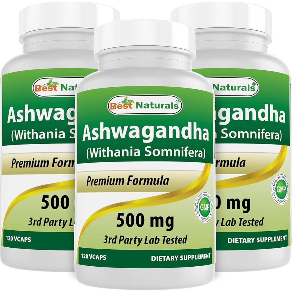 BEST NATURALS 아쉬와간다 500MG 캡슐 3팩 총 스트레스 완화용 360캡슐