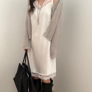 레일라 여성 봄 레이어드 뷔스티에 끈 이너 레이스 미디 원피스