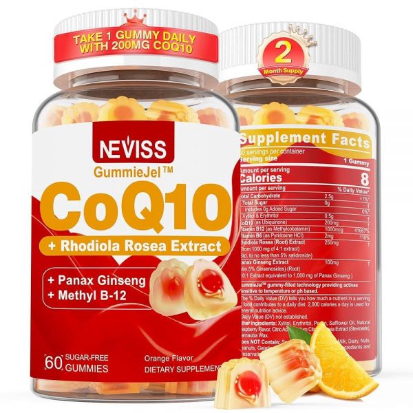 무설탕 <b>CoQ10200mg</b> 400mg 충전 젤리 2개월 분량 비타민 B12 1000mcg 로디올라 비강진 인삼 포함 B6 코엔자임 Q10 보충 60 Count (Pack of 1)
