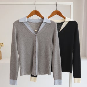 윌리암 배색 카라 레이어드 브이넥 니트 가디건