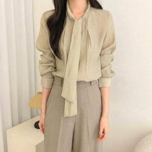 헬가 타이블라우스 면접 리본 스카프 출근룩 레이어드 시스루 쉬폰 셔츠 블라우스